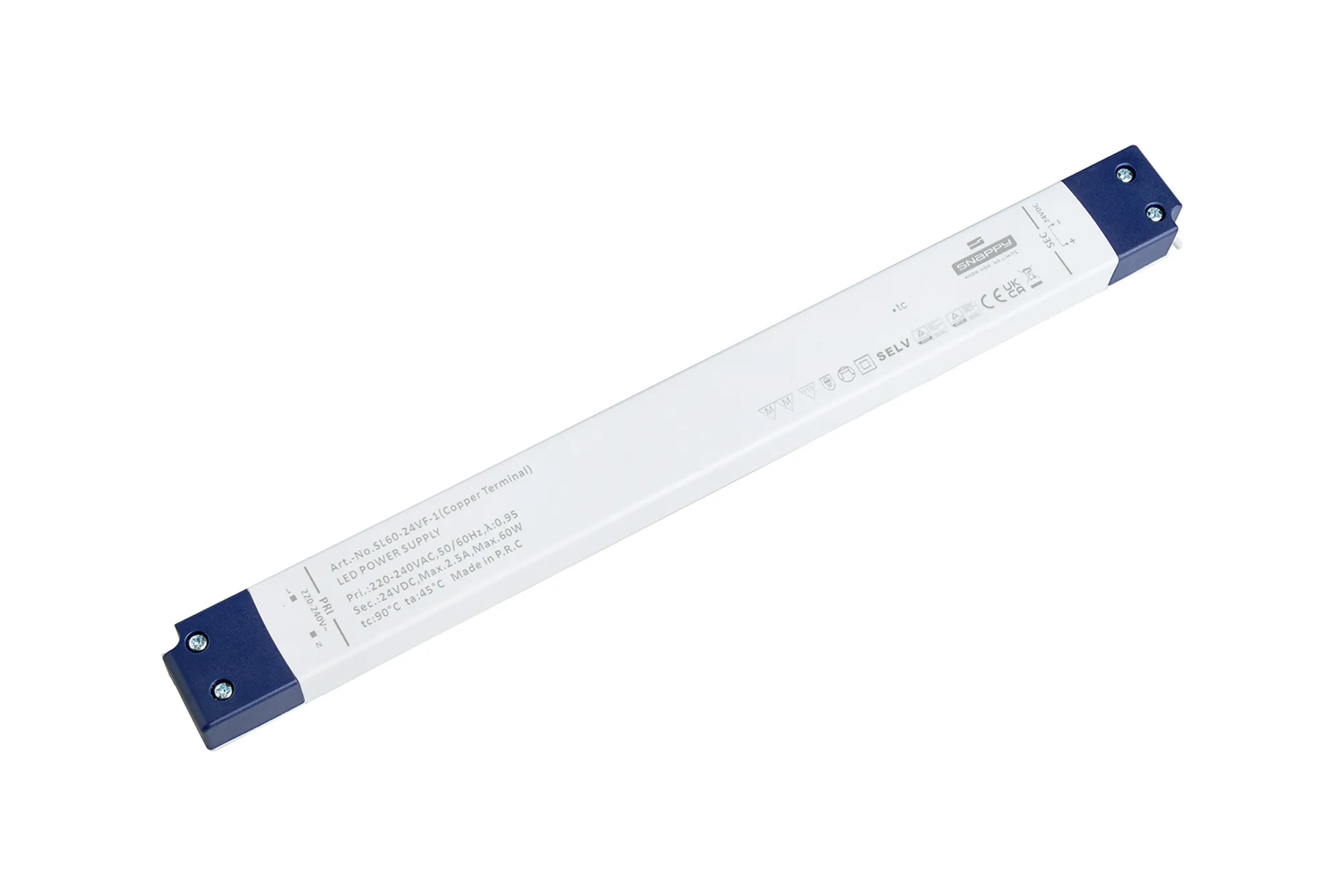 SL60-24VF-1  60W, Constant Voltage Non Dimmable LED Driver, 24VDC, 2.5A, Input 200-240VAC 50/60Hz, IP20.